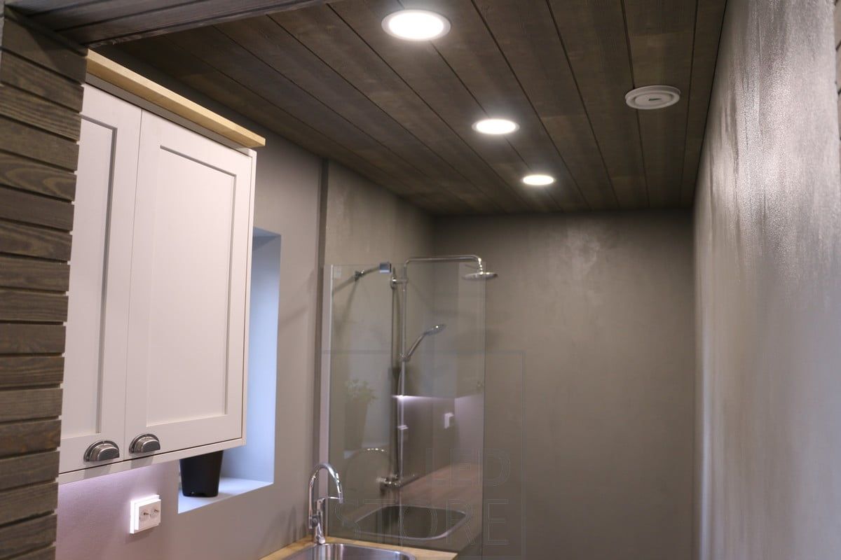 Plafonds illuminating the bathroom. The light provided by LED plafonds is more uniform than a spotlight and is ideal for general lighting. Ledstore.fi